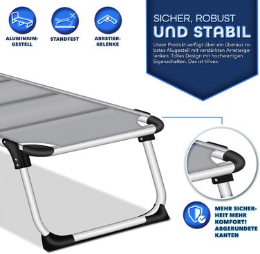 Сонячне ліжко Tillvex® з дахом та подушкою для голови | Садовий лежак, розкладний | Пляжний лежак з регульованою спинкою | Алюмінієве ліжко (з преміум-подушкою), сірий