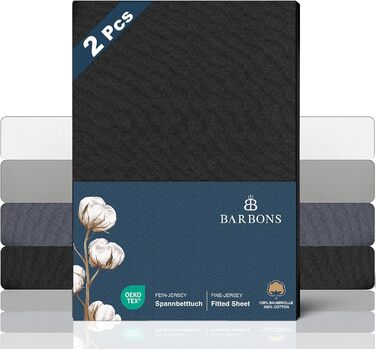 Простирадло BARBONS Premium Fitted Sheet 160x200 см сертифіковане Oeko-TEX, 100 бавовняне простирадло, трикотажне простирадло, простирадло, висота матраца до 25 см ( 160x200 2 шт. ) (Простирадло 140x200 см (2 шт. ), чорне)