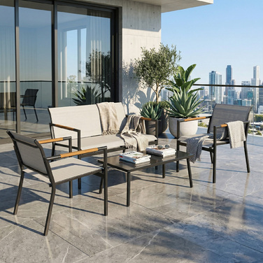 Комплект садових меблів для 4 осіб: зона відпочинку з диваном на двох, двома кріслами та металевим столом (дихаючі матеріали, захисні накладки на ніжки)