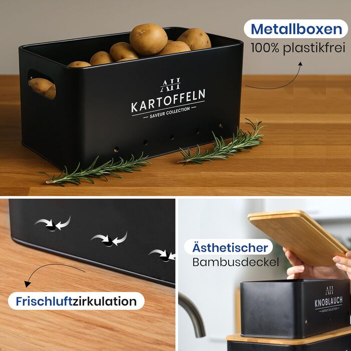 Набір коробок для зберігання картоплі та овочів AH® (4 шт.) з щіткою для овочів. Підходить для зберігання картоплі, цибулі та інших овочів. Чорний колір, преміум-якість.