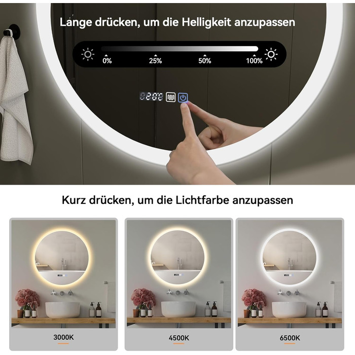 Дзеркало для ванної кімнати YOURLITE з підсвічуванням, діаметр 60 см, LED, 3 кольори, диммування, сенсорне управління, антизапар, пам'ять, IP44, білий