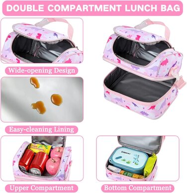 Сумка для сніданку для дітей, сумка-холодильник з двома відділеннями, сумка-холодильник для хлопчиків для школи, дитячого садка, дитячого садка, сумка-Ланч-бокс для пікніка з плечовим ременем (рожевий динозавр)