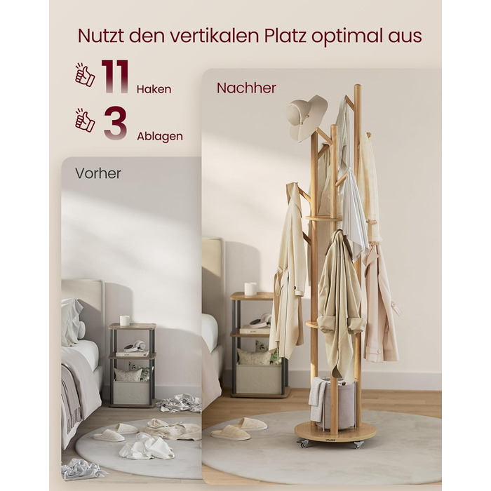 Вішалка для одягу VASAGLE з 11 гачками та 3 полицями, на коліщатках, з масиву дерева, для передпокою, спальні, вітальні, RCR023B01 (натуральний колір)