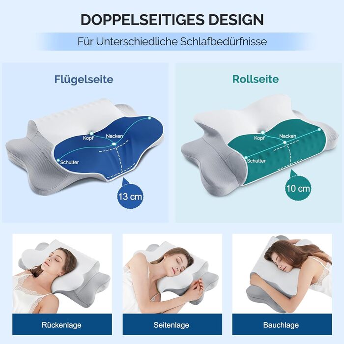 Подушка для шиї, подушка для голови з Memory Foam, ергономічна подушка для сну на боці, спині та животі, сіро-білий колір, 64 x 39 x 13 см