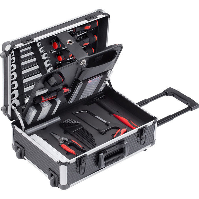 Набір інструментів Meister 156 предметів у візку на колесах з телескопічною ручкою - професійний кейс для інструментів, чорний/сріблястий, 8971440