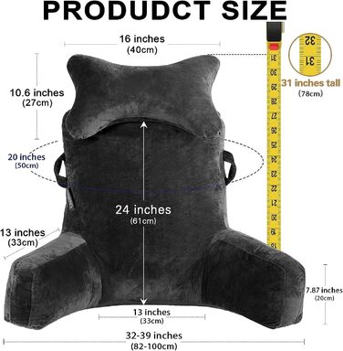 Крісло-мішок для читання, велике (78,7 см), з підголовником та підлокітниками, сіре для читання, перегляду телевізора, дорослих