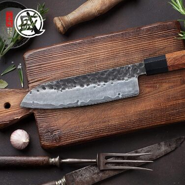 Японський ніж Mitsumoto Sakari Santoku 19 см з високоякісної сталі, ручка з рожевого дерева, подарункова коробка