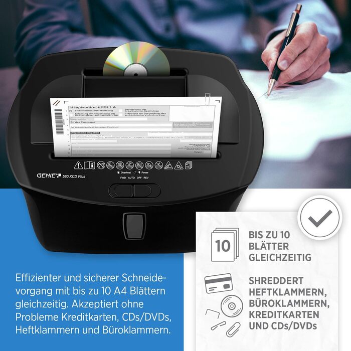 Шредер Genie 580XCD Plus: знищення документів, CD/DVD, карт, P-4, 21 л, чорний