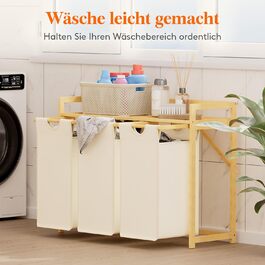 Кошик для білизни Lifewit з бамбуковим каркасом, 150 л, 3 відділення, білий. Сортер для одягу, рушників, іграшок. Розміри: 96 x 33.4 x 72 см