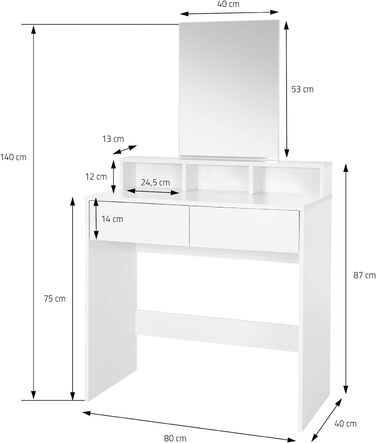 Туалетний столик ML-Design, 80x40x140 см, Білий, З дзеркалом, 2 ящики, 3 відділення, Сучасний, без табуретки