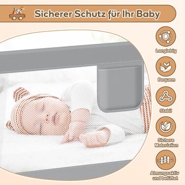 Захисний бортик для ліжка дитячий Ikodm 2x200 см + 1x180 см, регульована висота 64-96 см, сірий