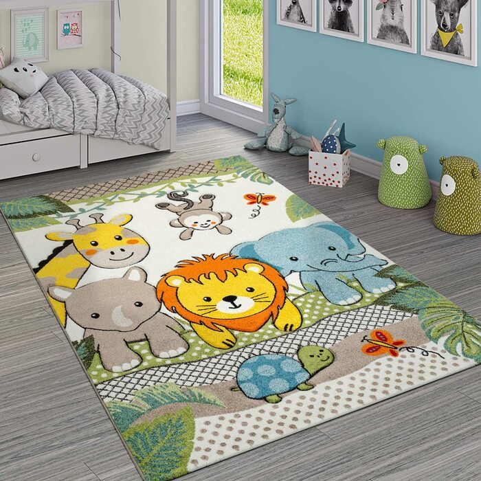 Пако домашній килим для дитячої кімнати, Різнокольоровий зелений килим із зображенням веселих тварин, зоопарку, джунглів, 3-D дизайн, розмір (133 см в квадраті)