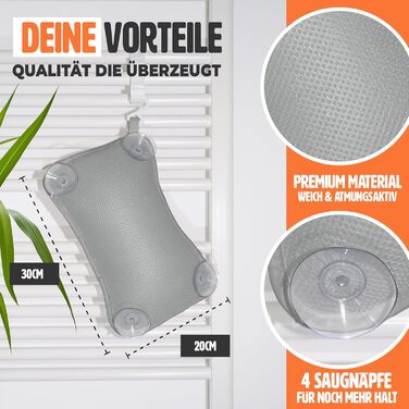 Подушка для ванни сірого кольору – преміум якість, 4 надміцні присоски, ергономічна форма для шиї та спини, інтегрований гачок