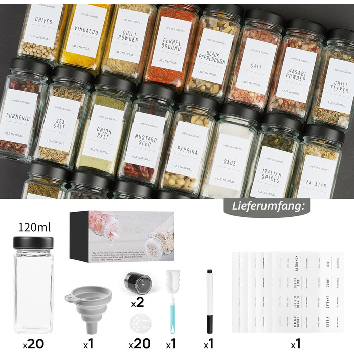 Набір скляних банок для спецій Friberg з дозатором, 20 шт. x 120 мл, з нержавіючою кришкою, чорний