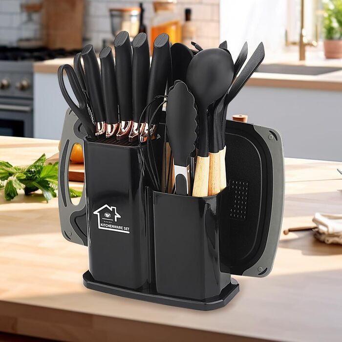 Набір кухонних ножів 19 предметів з підставкою, силіконовий кухонний інвентар, чорний колір