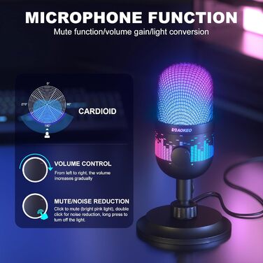 Мікрофон Aokeo для запису та стрімінгу: USB мікрофон для ПК, Mac, PS4/5, з LED-підсвічуванням