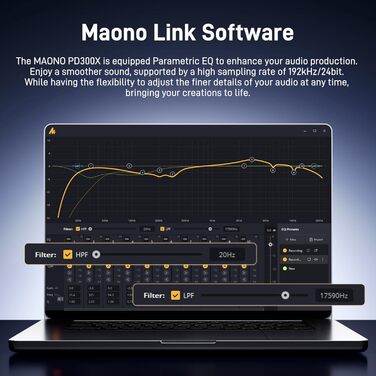 MAONO PD300X подкаст-мікрофон XLR/USB з шумозаглушенням, 192kHz/24Bit Hi-Fi аудіо, кнопка вимкнення звуку, програмне забезпечення для подкастингу, стрімінгу та студійного запису