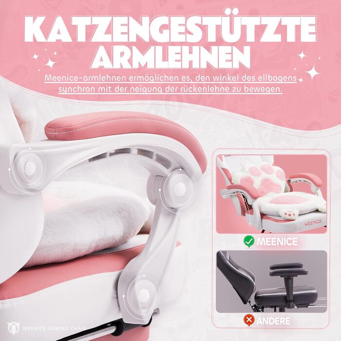 Ігровий крісло MEENICE Pink Katze з підголовником у вигляді лапки кота та вушками, з підніжкою, ергономічний ПК стілець для дітей та дорослих, рожево-білий, 200 кг