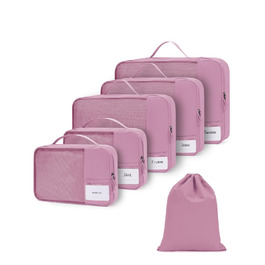 Набір органайзерів для валізи ECOHUB, 6 шт. — Подорожні сумки-кубики з ID-тегами, дихаючі легкі органайзери для одягу та рюкзака з перероблених матеріалів (Темно-рожевий)