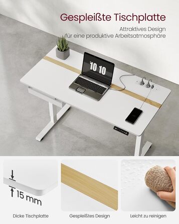 Електричний регульований стіл VASAGLE 120x60 см, білий + горіховий, з пам'яттю висоти, з розетками та ящиком