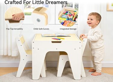 Дерев'яний дитячий набір меблів Wingyz 4-в-1: стіл, 2 стільці, стіл з місцем для зберігання. Ідеально для малювання, ігор та активностей.