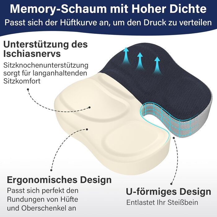 Ортопедична подушка для сидіння: комфортна підтримка спини та куприту для офісного крісла, авто та дому. Темно-сірий колір.