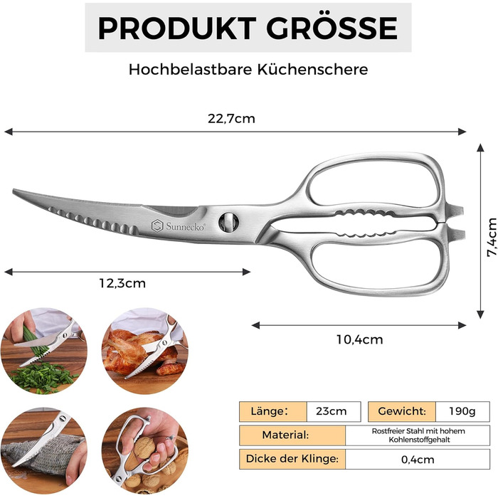 Кухонні ножиці Sunnecko 8 дюймів (20 см) - універсальні, з подрібнювачем горіхів, з ергономічною ручкою, знімні леза, з нержавіючої сталі