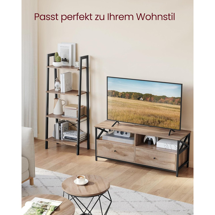 Тумба під ТВ VASAGLE, 120 см, для телевізора до 55 дюймів, 2 шухляди, 2 відкриті полиці, сталевий каркас, вінтажний колір, LTV300B01