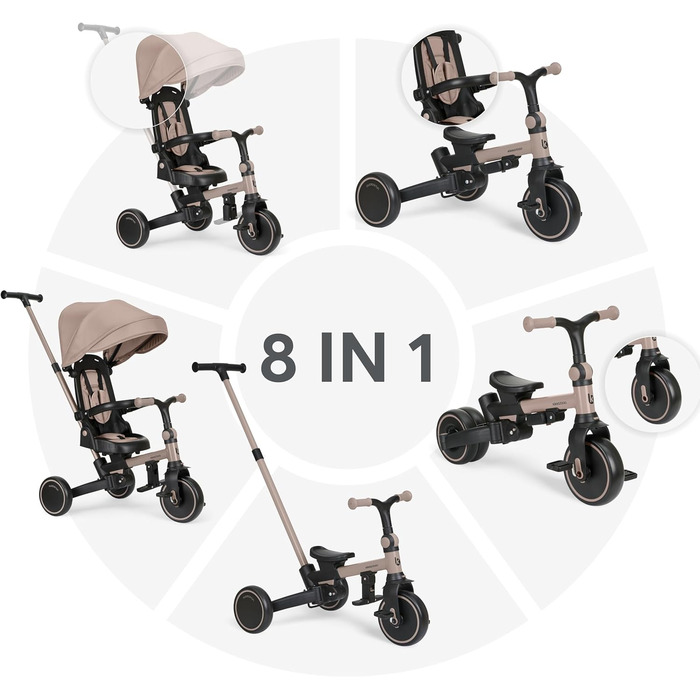 KikkaBoo Триколісний велосипед 8-в-1 з ручкою для батьків Aluma (Бежевий) від 1 року. Дитячий велосипед з поворотним сидінням, ременем безпеки, алюмінієвою рамою.