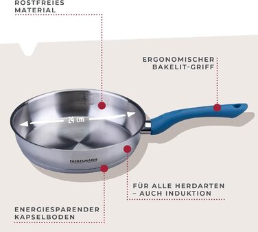 Фackelmann Essential: сковорода з нержавіючої сталі, 24 см, з ергономічною ручкою Bakelite та літрамною шкалою, синього кольору