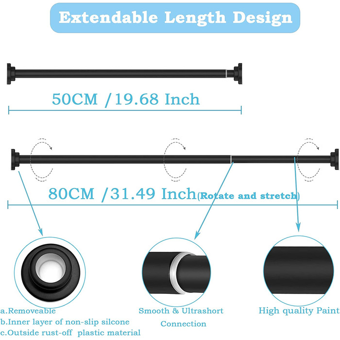 Стрижень для душу з нержавіючої сталі, , без свердління, для завіси для душу, висувний стрижень, для душу, ванни, вікна ванної кімнати, 70-120 см, новий дизайн (чисто чорний, 50-80 см (2 шт., 22 мм)