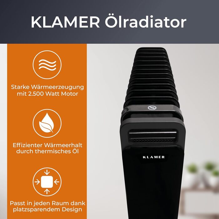 Масляний радіатор KLAMER 2500 Вт, електричне опалення енергозберігаюче, 13 ребер, 3 рівня нагріву з екорежимом, таймер на 24 години, термостат, захист від перегріву та нахилу, з дистанційним керуванням, для приміщень, білий (чорний)