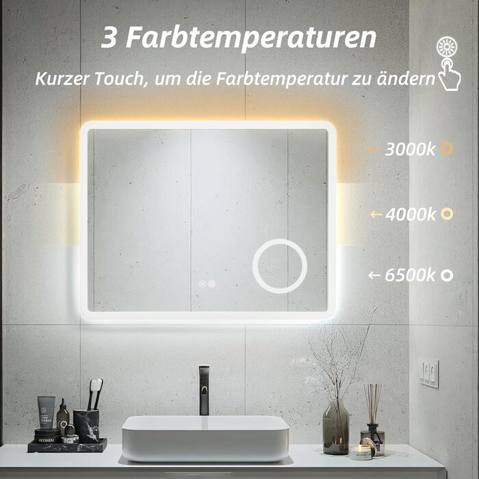 Дзеркало для ванної кімнати HySail з підсвічуванням, 5 мм, високоякісний срібний дзеркало, 3 колірні температури та регульована яскравість, настінне дзеркало з сенсорним перемикачем та антизапарюючим покриттям, прямокутне, 100 x 60 см