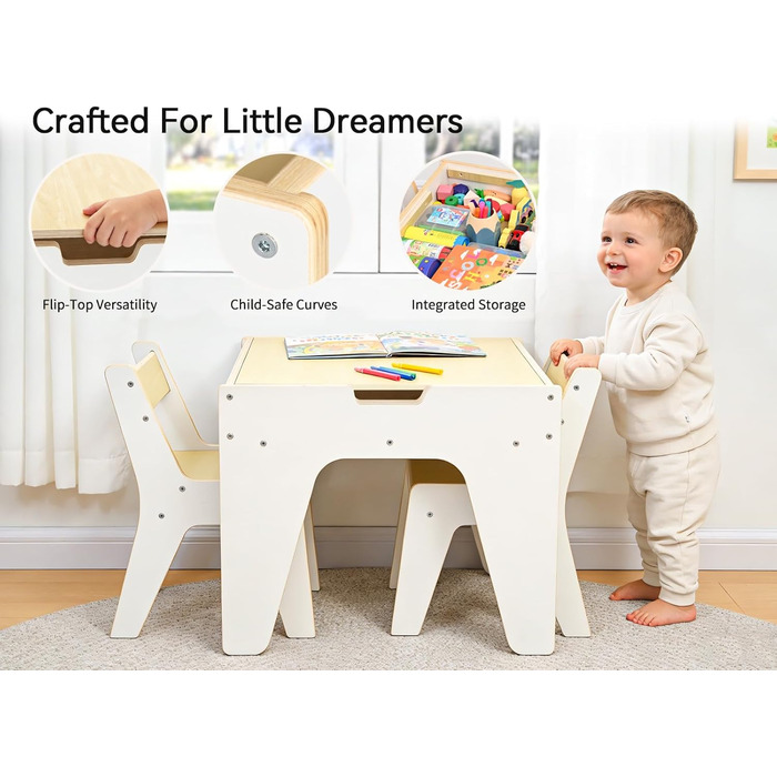 Дерев'яний дитячий набір меблів Wingyz 4-в-1: стіл, 2 стільці, стіл з місцем для зберігання. Ідеально для малювання, ігор та активностей.