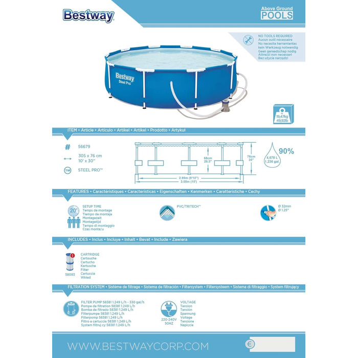 Каркасний басейн Bestway Steel Pro, круглий 305x76 см Сталевий каркасний басейн з фільтруючим насосом, синій 305 x 76 см