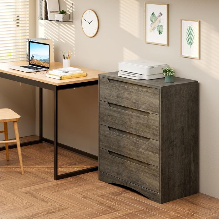 Комод Bealife для спальні з 4 великими шухлядами, шафа з шухлядами з вирізаними ручками та блокуванням від перекидання, ідеальний для вітальні, офісу (темно-сірий)