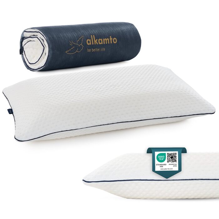 Подушка з піною з пам'яті Alkamto 70 x 45 см - ергономічна підтримка шиї - сертифікат Oeko-Tex - терморегулююча наволочка - гіпоалергенна та придатна для прання - для сну на спині та на боці 70 x 45 x 12 см