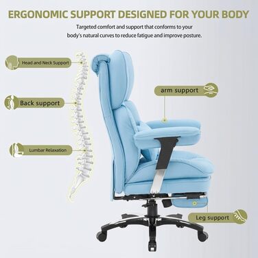 Ергономічне офісне крісло Efomao X-Stickerei для дому та офісу, шкіряне (PU), 200 кг, з підставкою для ніг та підтримкою попереку, чорне з блакитним