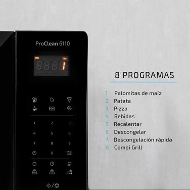 Мікрохвильова піч Cecotec Pro Clean 6110, 23 л, 800 Вт, гриль 1000 Вт, 8 програм, Ready 2 Clean, 3D Wave, чорна/срібляста нержавійка