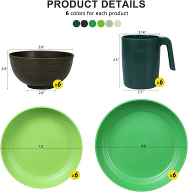 Набори посуду Greentainer із пластику (24 шт. / Легкий і небиткий набір посуду для кемпінгу, тарілки, миски, чашки, Підноси