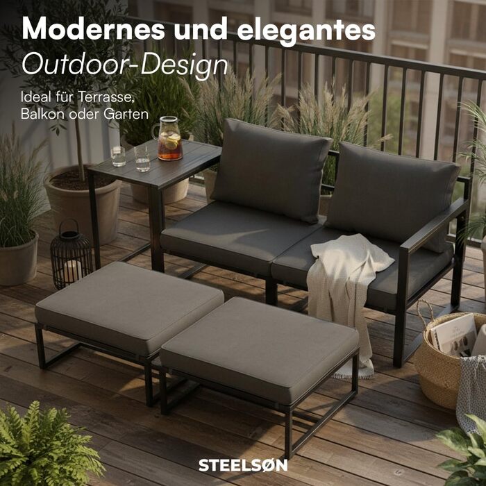 Садовий набір меблів STEELSØN Asteri 5 предметів: 2 крісла, 2 пуфи, стіл - Чорний металевий каркас, подушки антрацит - для тераси, балкону, саду (2-4 особи)