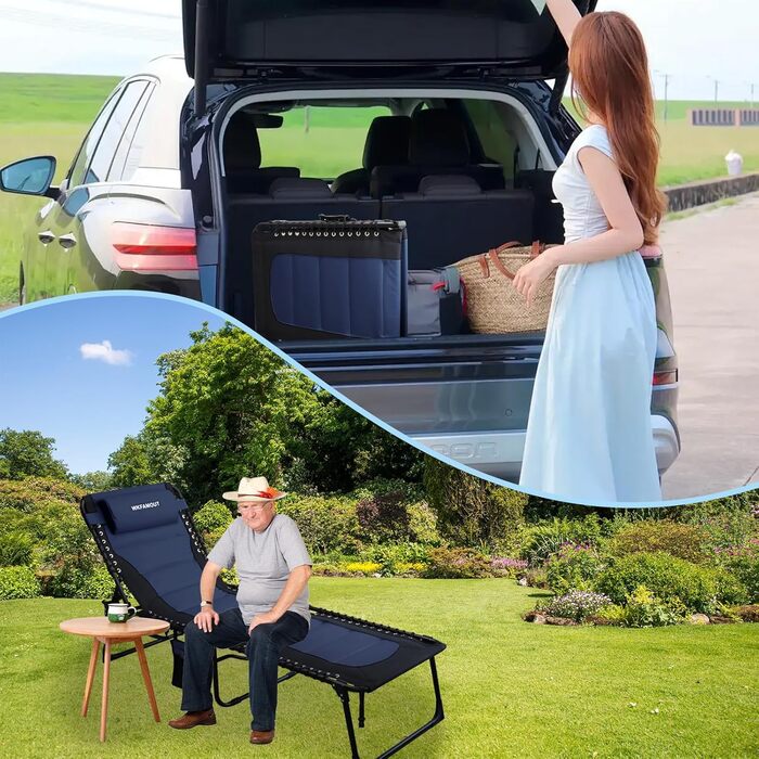 Великий розкладний шезлонг для саду: 5 положень спинки, Outdoor, XXL, триногий, для пляжу/кемпінгу, до 150 кг, з подушкою та кишенею, 200x68 см, сірий (Navy_s, 190x59 см)