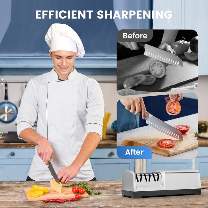 Електричний точильний верстат для ножів MusyVocay з алмазним покриттям, професійний 3-ступеневий, кухонний точило з регулюванням кута 20 градусів для грубого заточування та ремонту, срібний