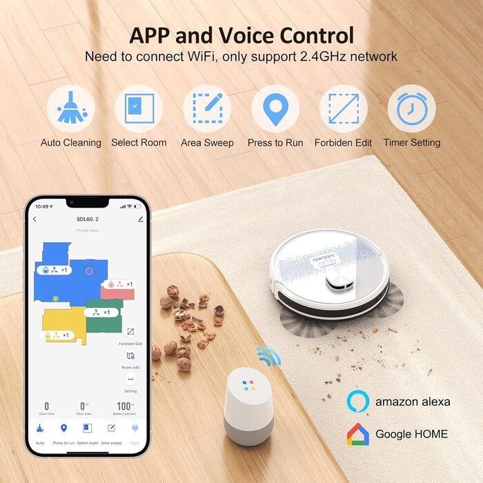 Робот-пилосос Lubluelu 3-в-1 з функцією миття, 4500Pa, лазерна навігація, 5 карт, 55dB, для тварин, килимів, твердих підлог (SL60D)