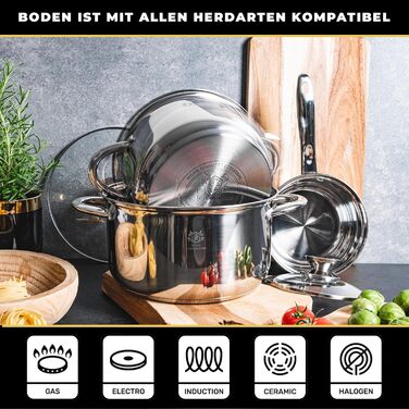 Набір каструль з нержавіючої сталі 3 шт. для всіх типів плит - каструлі з мірною шкалою, з кришкою з термостійкого скла