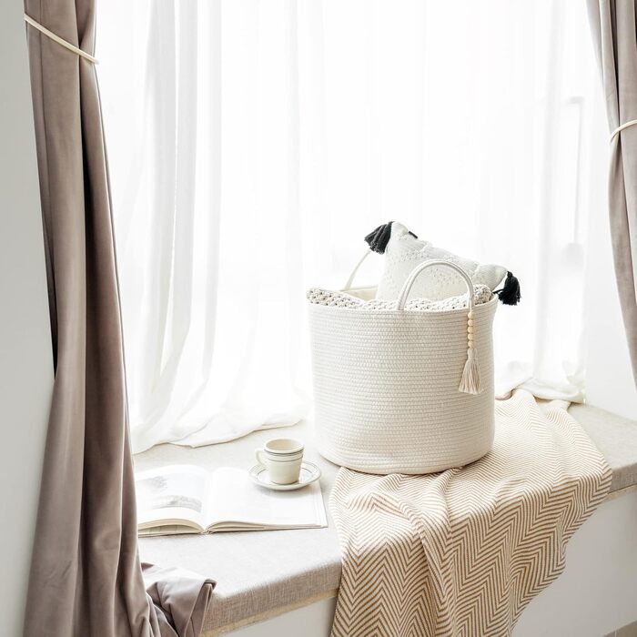 Кошик для білизни Mkono з натурального сизалю, плетений декоративний кошик для зберігання речей, одягу, іграшок, рослин, з ручками, 40x35 см (білий)