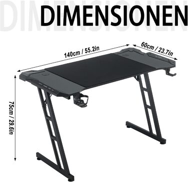 Ігровий стіл YRHome 120x60 см: стіл для комп'ютера з підстаканниками, кабелепроводами та карбоновою поверхнею. Ергономічний стіл для геймерів та офісу, чорний (без LED). Розмір 140x60 см з LED також доступний.
