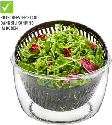 Салатниця GEFU з відром для відстоювання, 3л, чорно-сіра | Пластикова миска з вбудованим ситом та механічним приводом