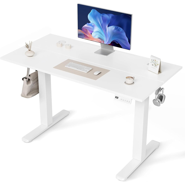Регульований стіл Claiks для офісу, 120x60 см, білий, 80 кг, 3 положення пам'яті, з гачками