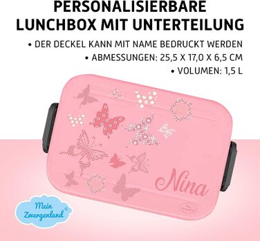 Ланч-бокс Mein Zwergenland метелики 1,5 л, ланч-бокс Take a Break Large Bento з відділеннями з мотивом, персоналізованим з іменем, ланч-бокс з роздільниками в кольорі Nordic Pink (макс. 50 символів)